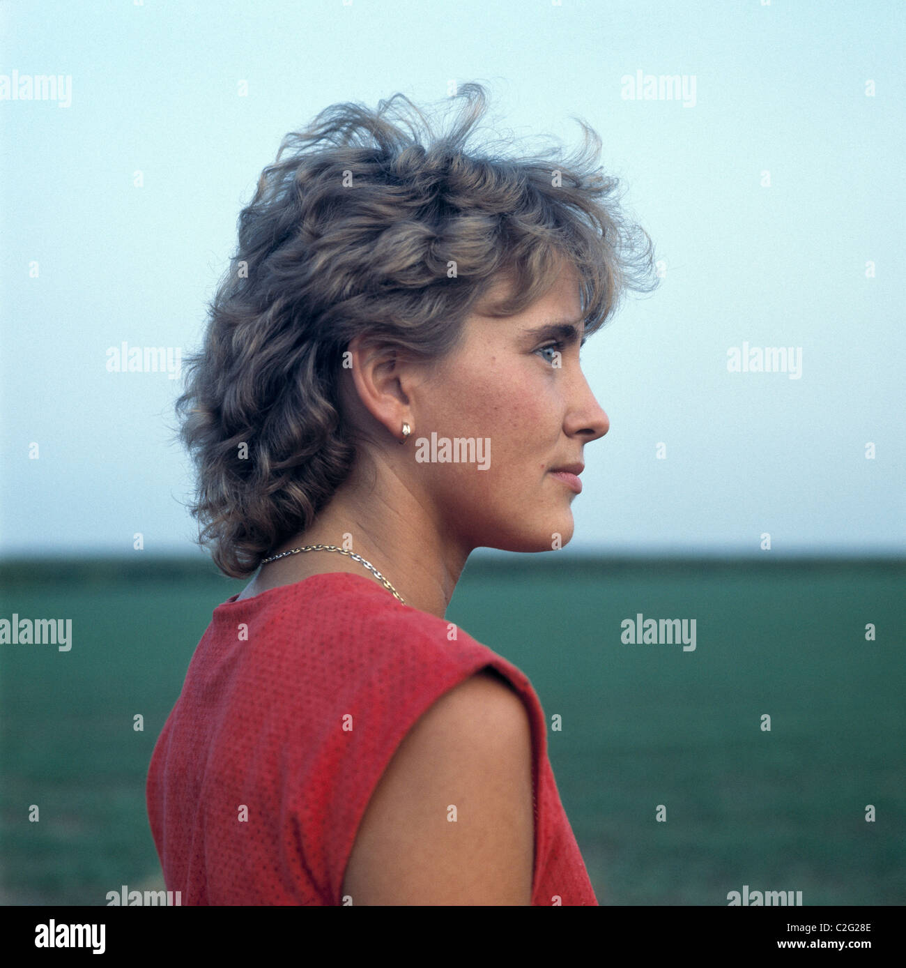 Achtziger Jahre, Menschen, junge Frau, Portraet, Profil, mittellanges Haar, Heike Stock Photo