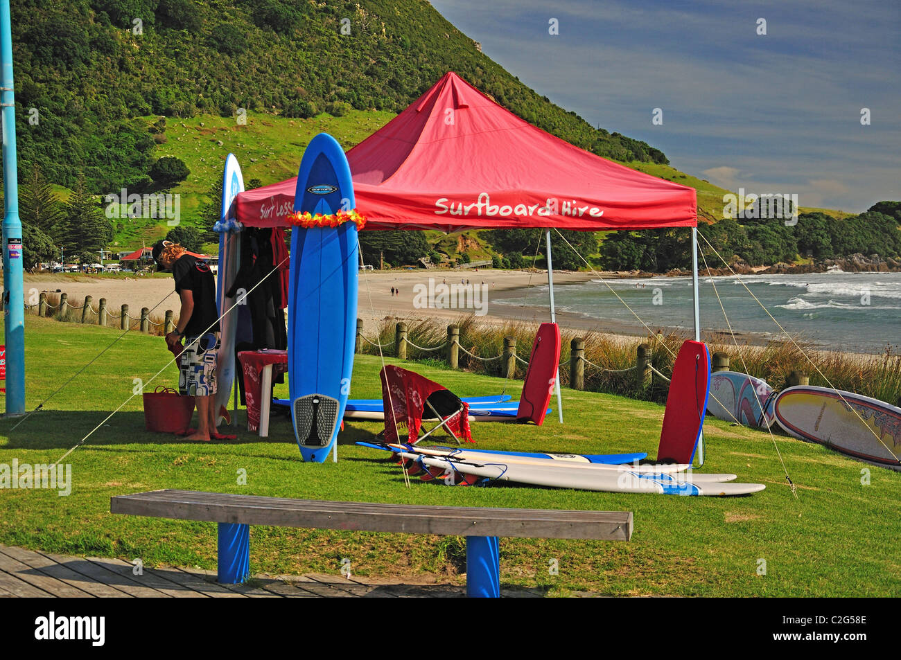Surf hire tent on beach promenade, Mount Maunganui, Tauranga, Bay of Plenty Region, North Island, New Zealand Stock Photo
