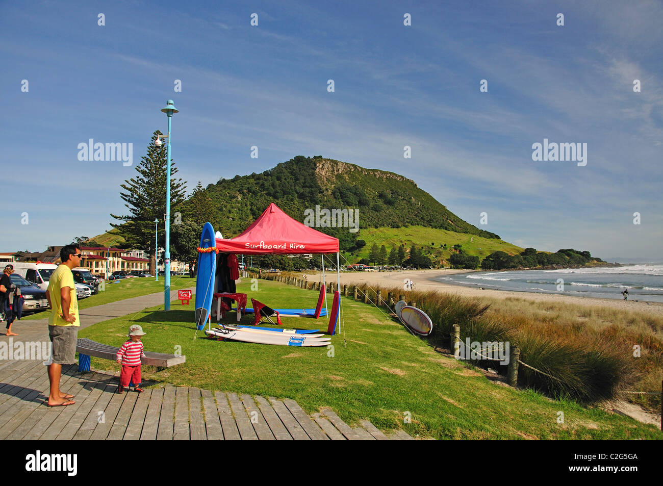 Beach promenade showing Mount Maunganui, Tauranga, Bay of Plenty Region, North Island, New Zealand Stock Photo