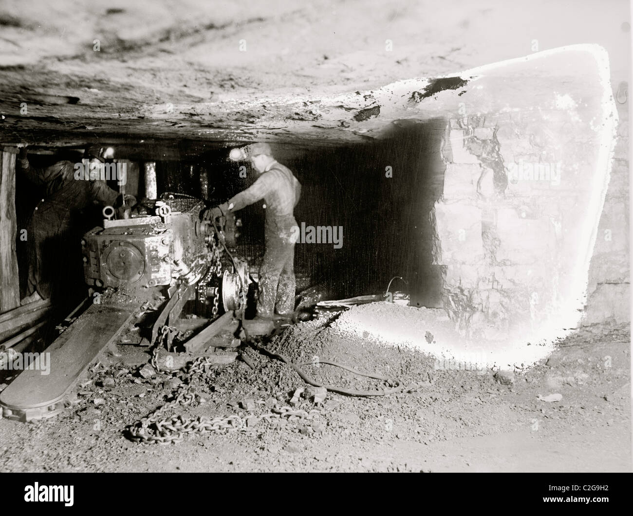 Mine Machinery operated to gouge a horizontal shaft Stock Photo