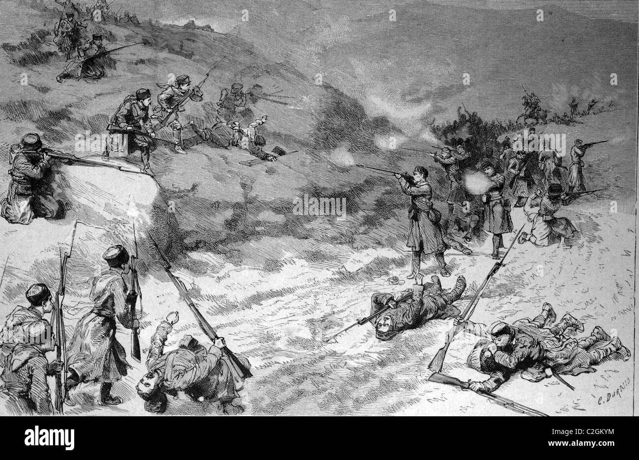 Battle between Serbian and Bulgarian troops on Dragoman Pass, Sofia, Bulgaria, historical illustration, circa 1886 Stock Photo