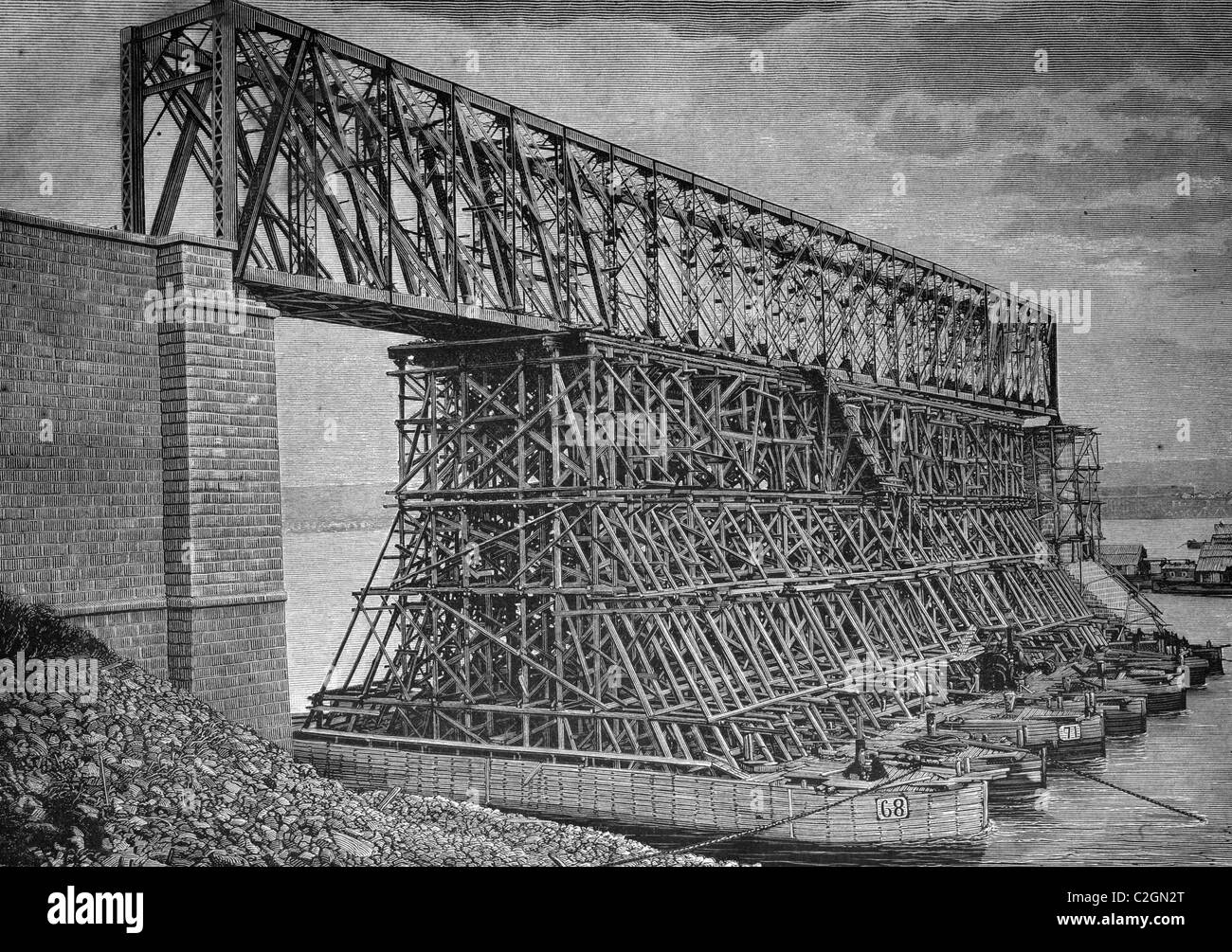 Construction of the huge bridge over the Volga river between Syzran and Samara, Russia, historical illustration, circa 1886 Stock Photo