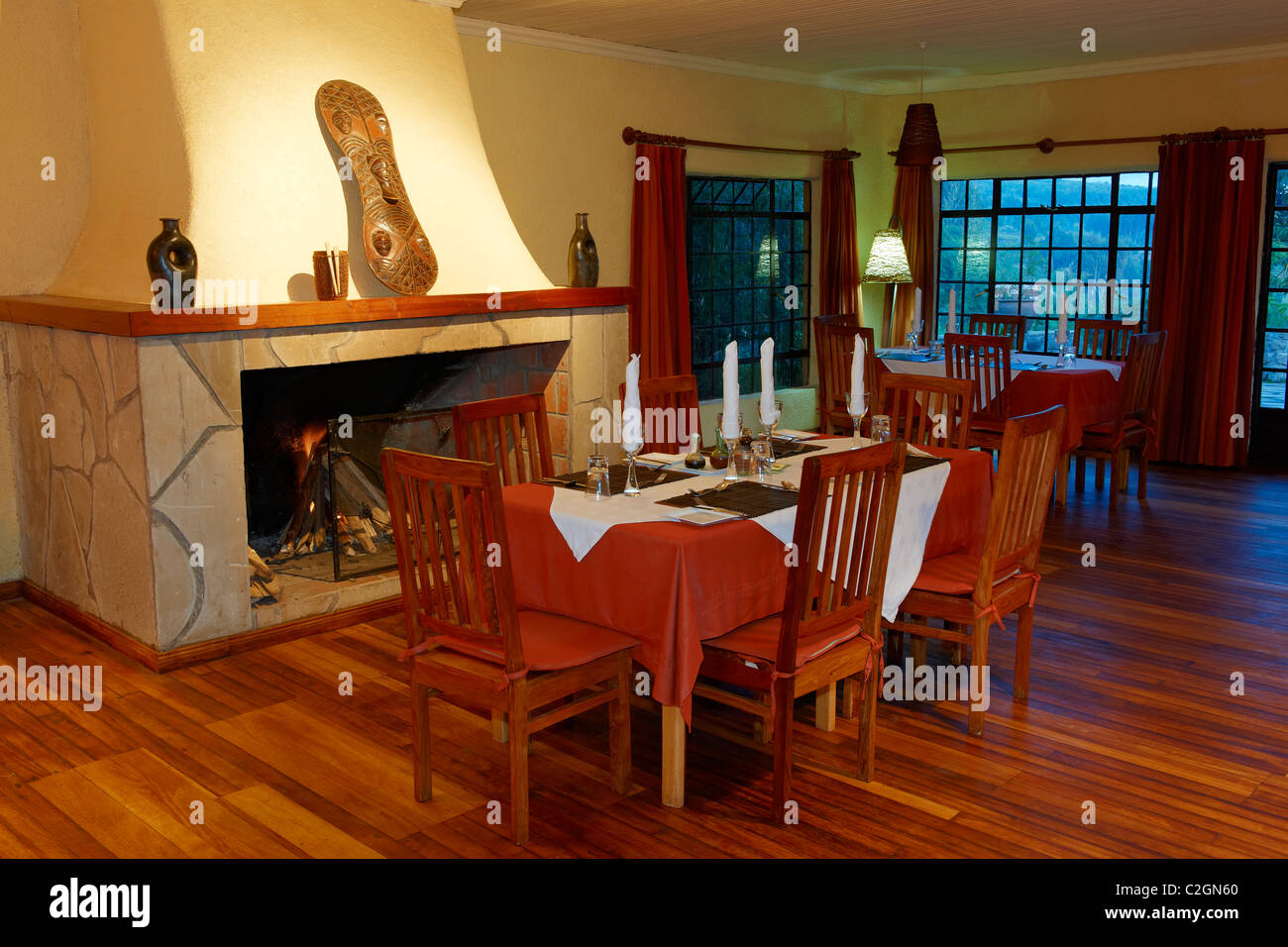 dinning room in five star luxury Sabyinyo Silverback Lodge, Parc National des Volcans, Virunga Mountains, Rwanda, Africa Stock Photo