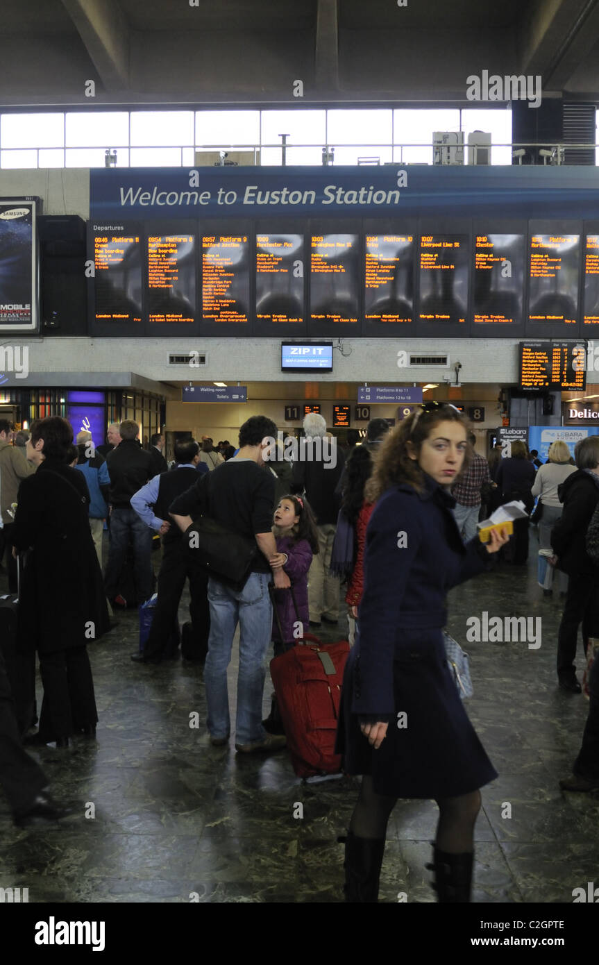 London Euston railway station concourse and departure information. Stock Photo
