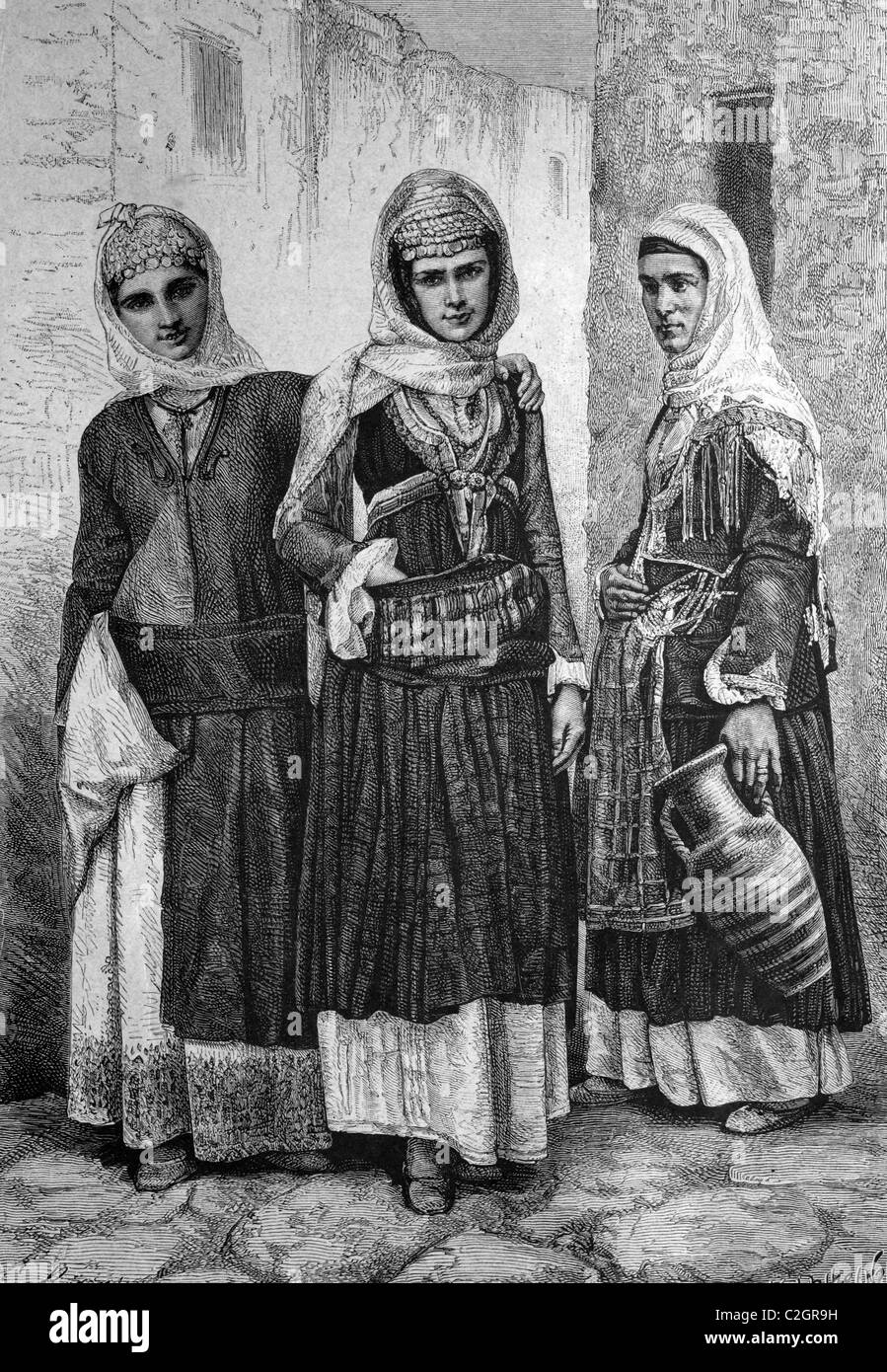 Women of Megara, Greece, historical illustration, circa 1886 Stock Photo