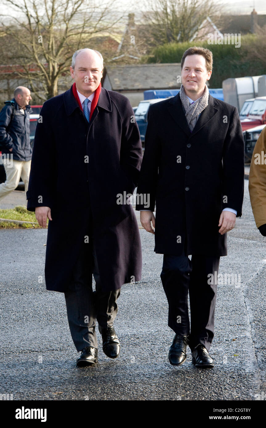 Deputy Prime Minister and Leader of the Liberal Democrats Nick Clegg walking with MP Nick Harvey, South Molton Devon Stock Photo