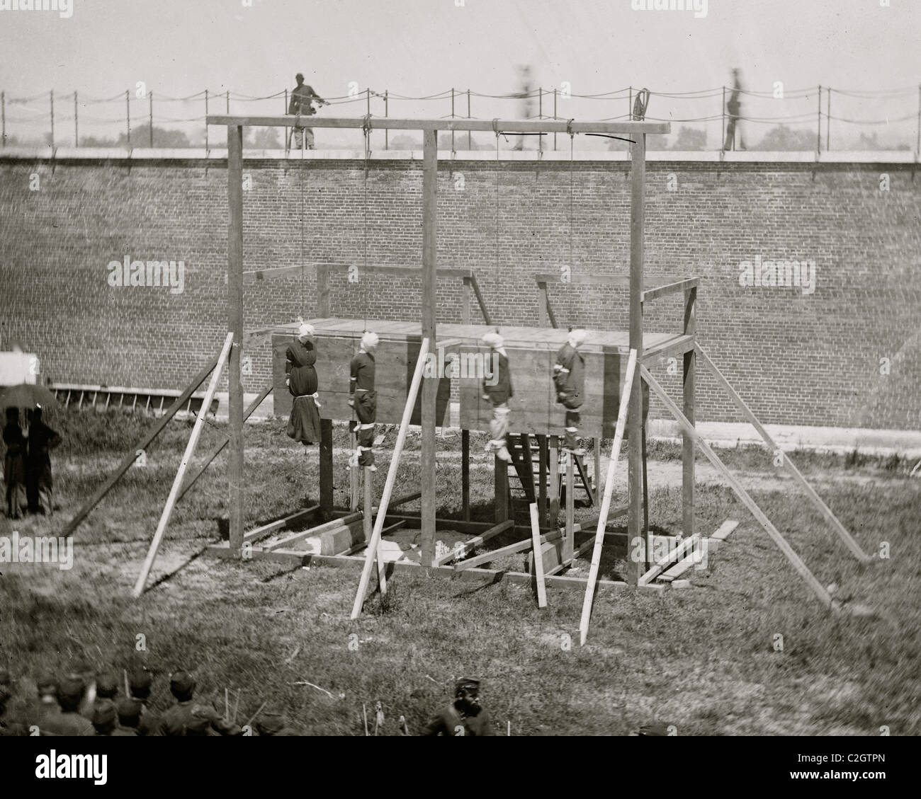 Washington, D.C. Hanging bodies of the conspirators; guards only in yard Stock Photo