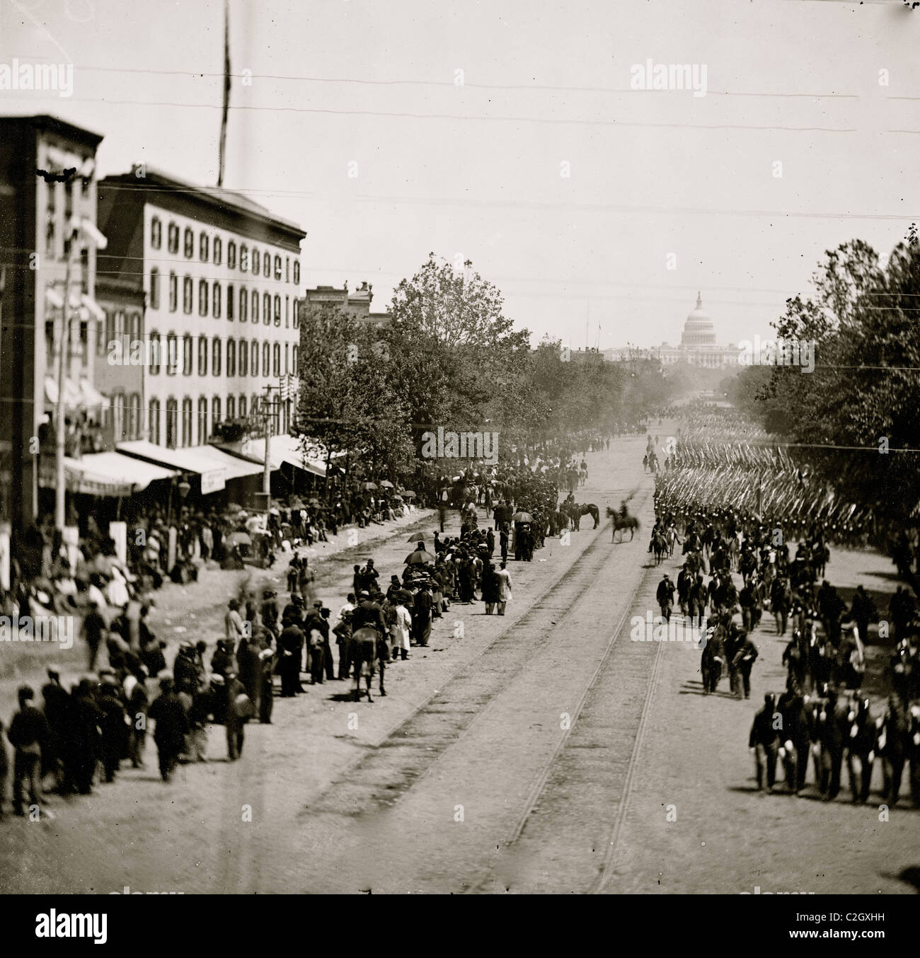 Washington, District of Columbia. Grand Review of the Army. Infantry passing on Pennsylvania Avenue near the Treasury Stock Photo