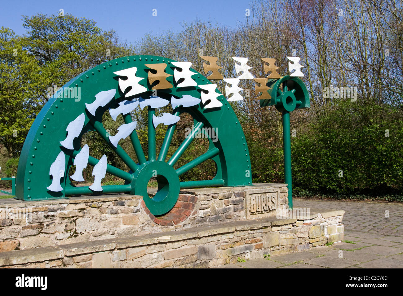 Old Mill Wheel at the Entrance to Burrs Country Park, Bury, Lancashire, UK Stock Photo