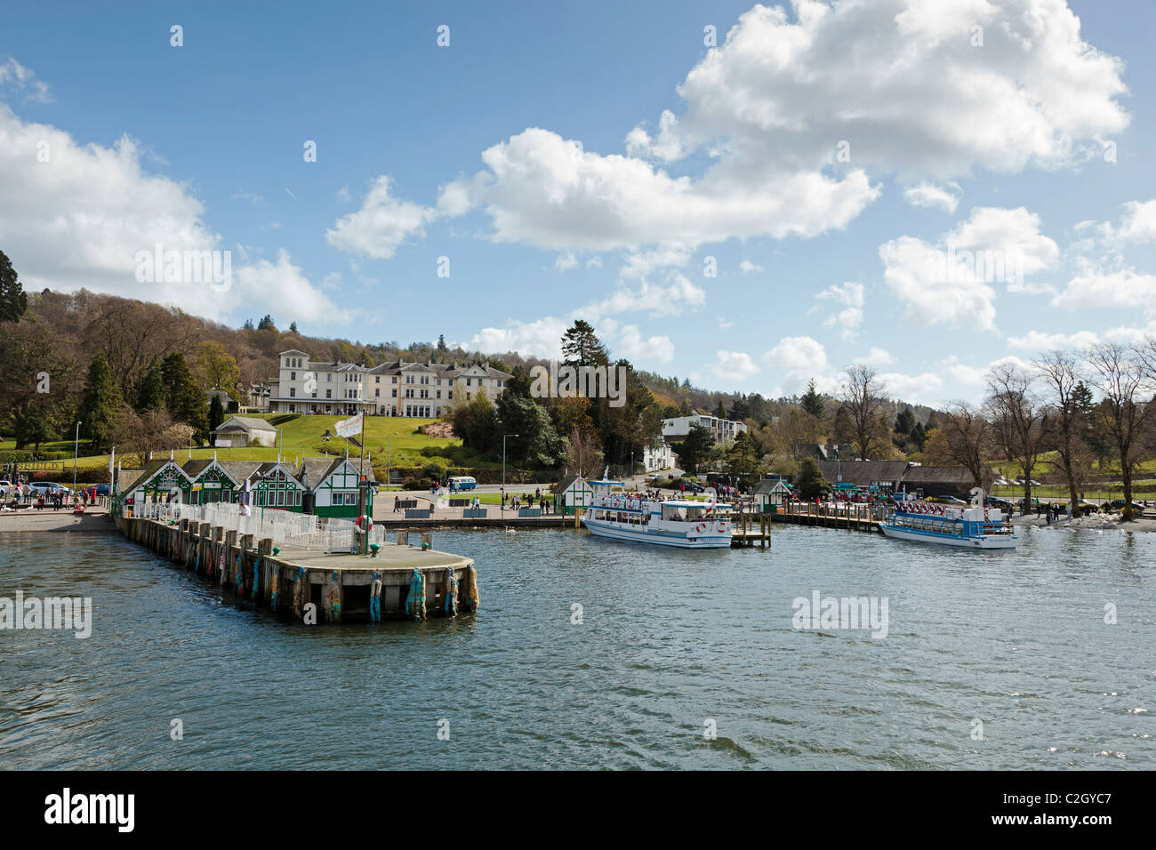The pier at Bowness on Windermere in the lake district . Stock Photo