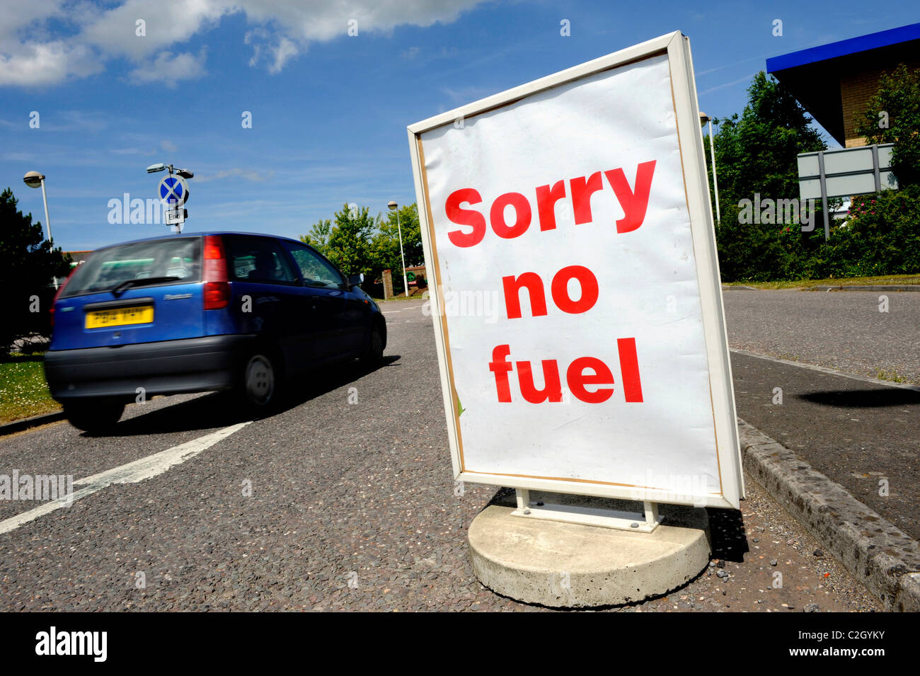 A petrol station with a sign saying sorry no fuel during National strike by hauliers, UK Stock Photo