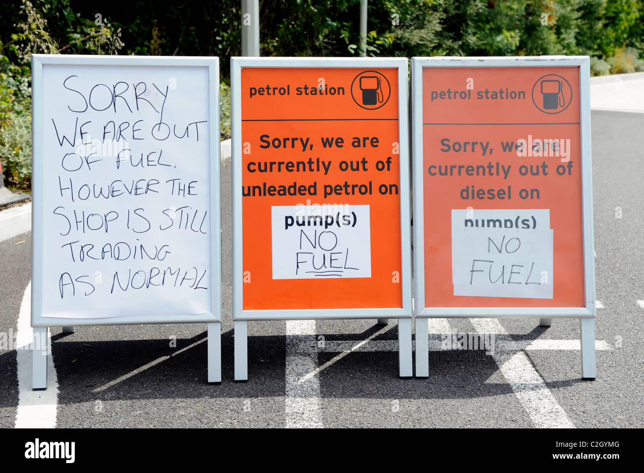 A petrol station at Sainsbury's with a sign saying sorry no fuel during National strike by hauliers, UK Stock Photo