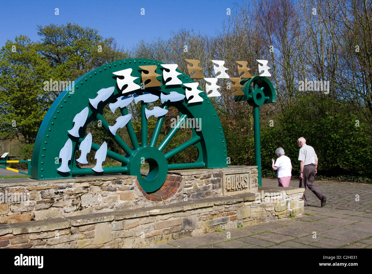 Old Mill Wheel at the Entrance to Burrs Country Park, Bury, Lancashire, UK Stock Photo
