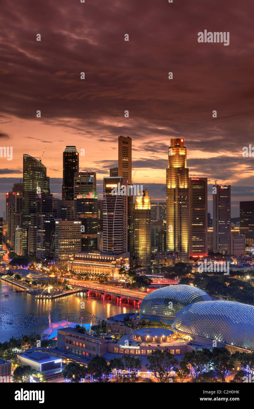 Singapore, Aerial view of Singapore Skyline and Esplanade Theathre Stock Photo