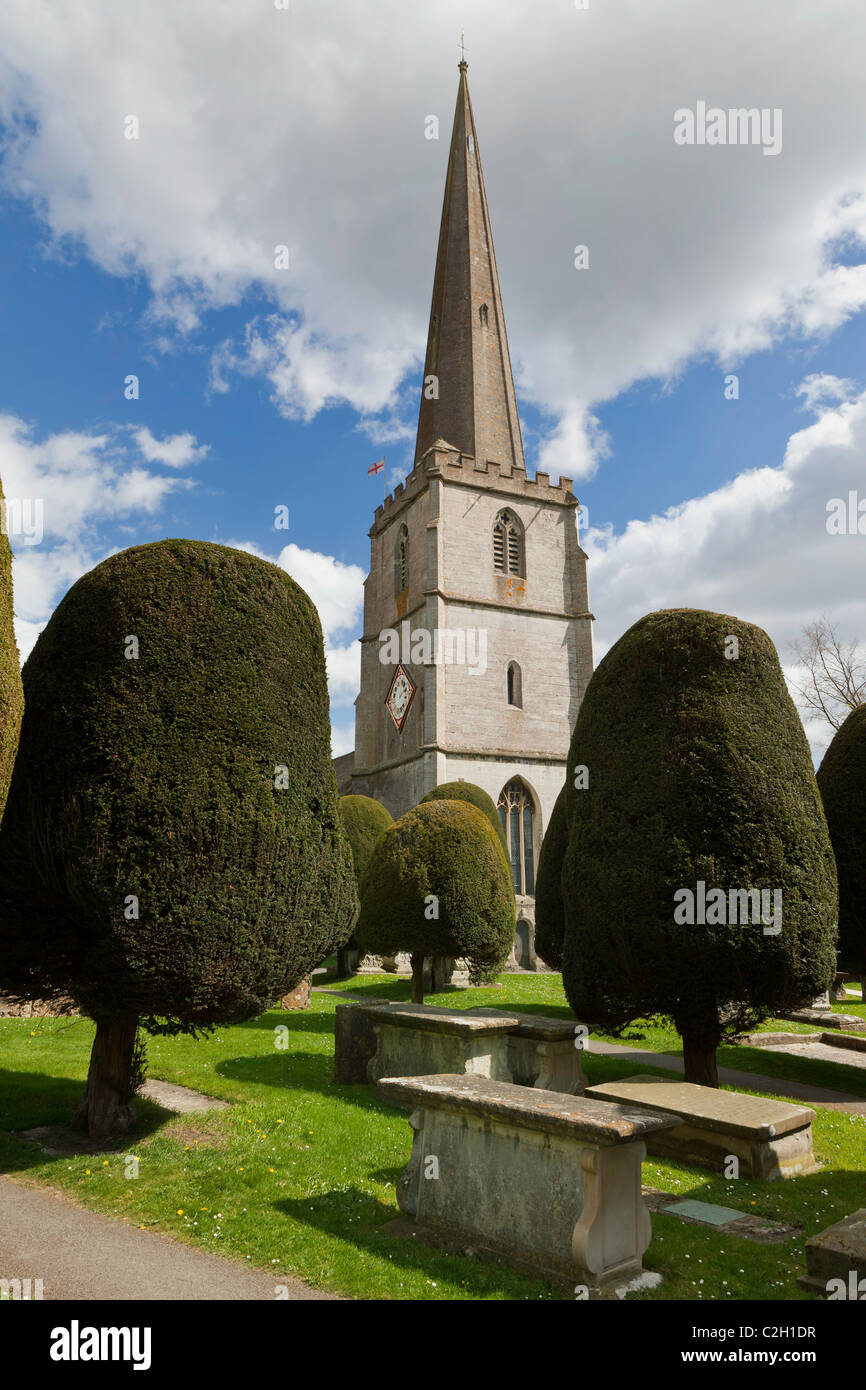 PAINSWICK CHURCH AND CHURCH YARD WITH YEW TREES IN THE COTSWOLDS UK Stock Photo