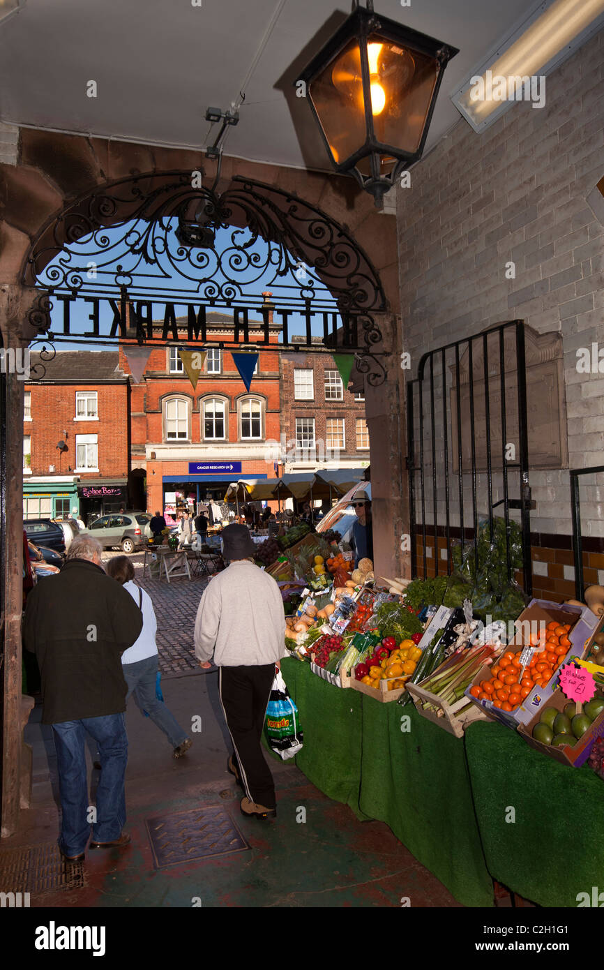 UK, England, Staffordshire, Leek, greengrocers shop display of fruit and vegetables at entrance to Butter Market Stock Photo