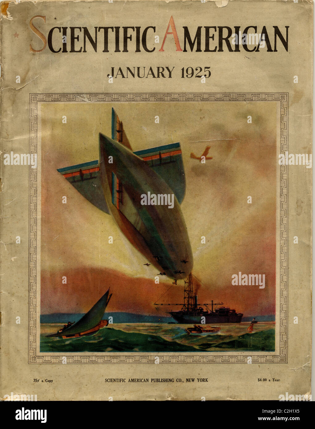 Scientific American Cover from 1925 showing a dirigible docking to a ship at sea. Stock Photo