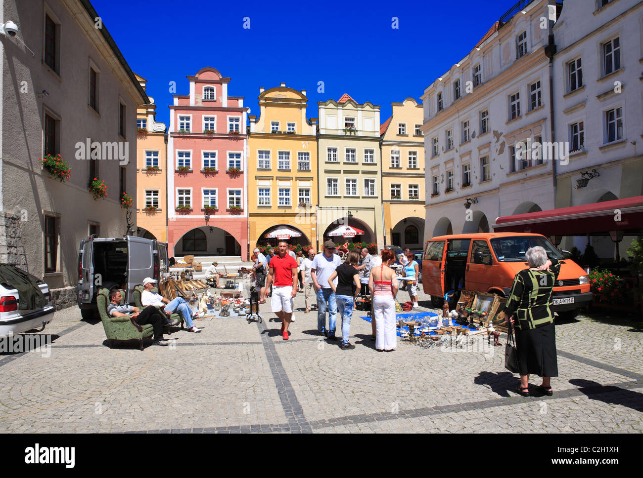 flea market at market square and rynek in former german city hirschberg, jelenia gora, lower silesia, poland, europe Stock Photo