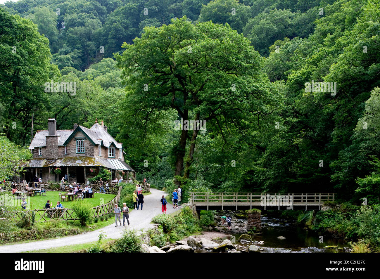 The 19th century fishing lodge now a tearoom at Watersmeet National Trust property, near Lynmouth, Devon, Exmoor, UK Stock Photo