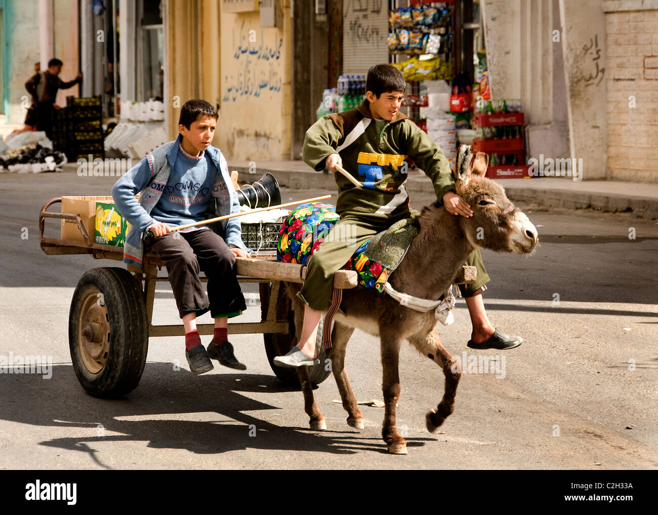 Palmyra new town city Syria Syrian Young boy boys donkey cart car Stock Photo