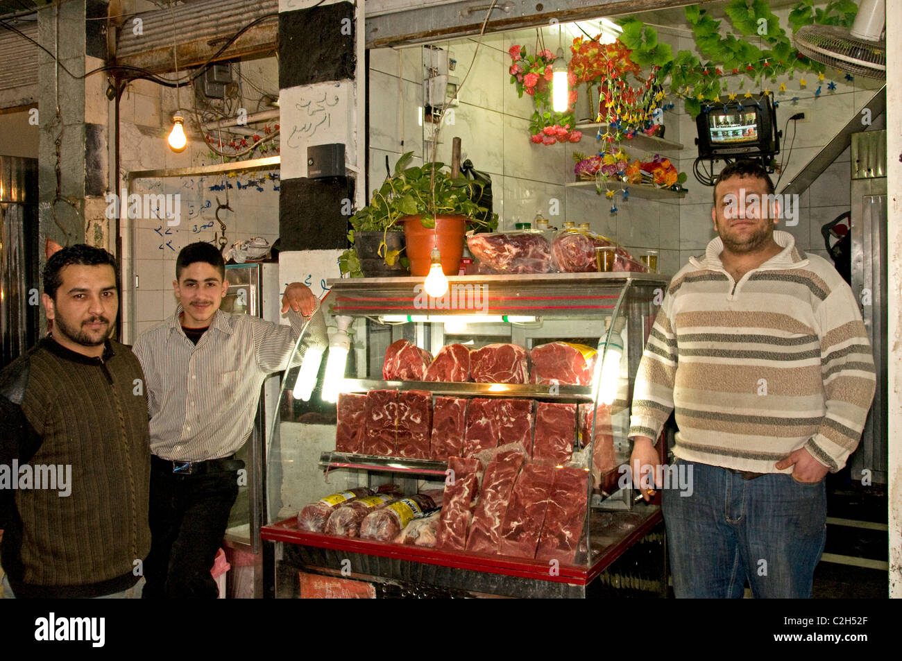 Homs Syria Butcher shop trade Bazaar Souq market Stock Photo