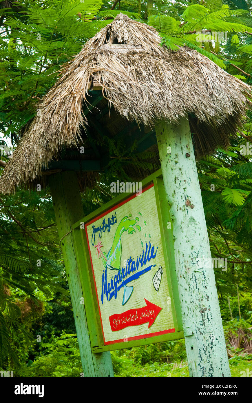 Jimmy Buffett's Margaritaville sign on Norman Manley Blvd in the Long Bay area of Negril, Westmoreland, Jamaica. Stock Photo
