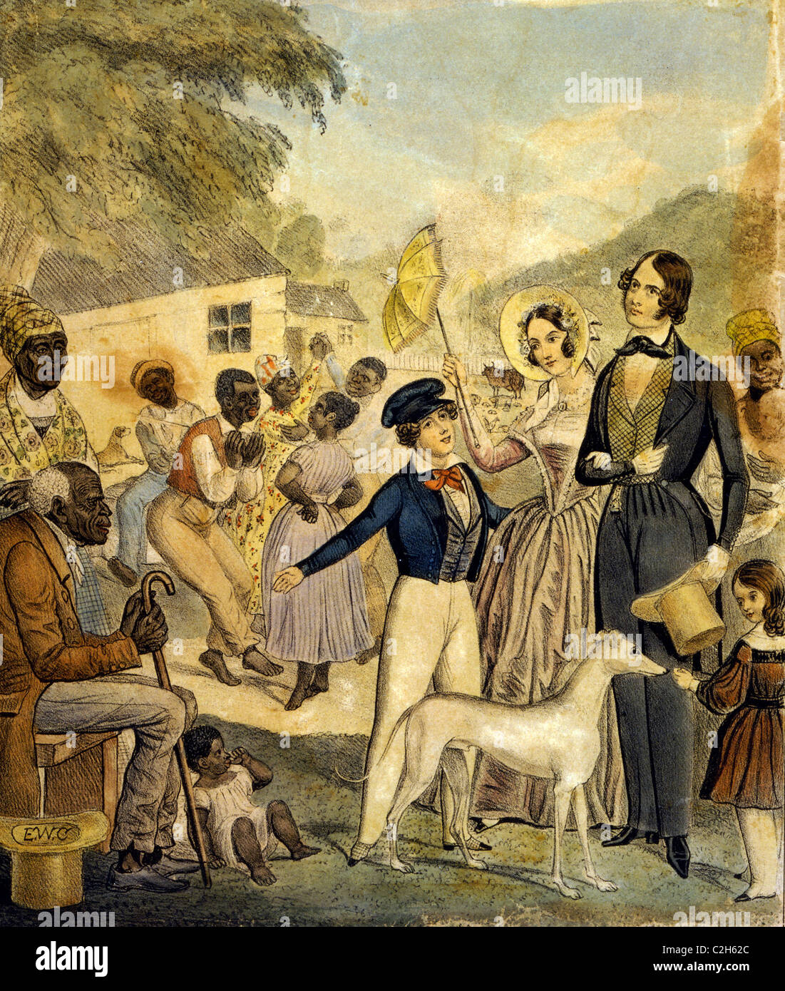 An idealized portrayal of American slavery and the conditions of blacks under this system in 1841. Stock Photo