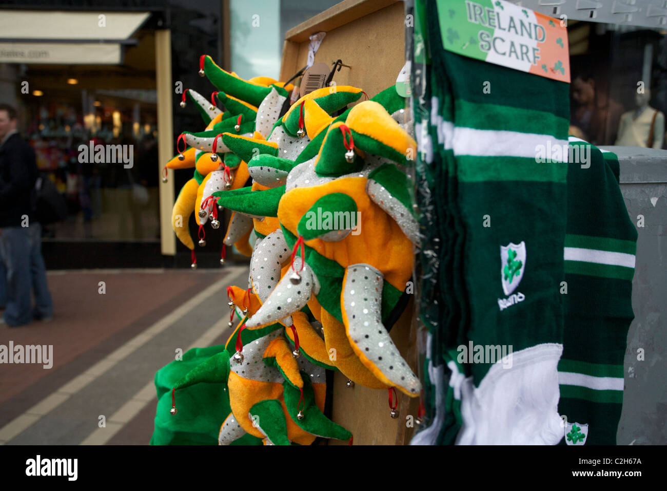 St Patricks Day street vendors selling tricolor jester hats Stock Photo