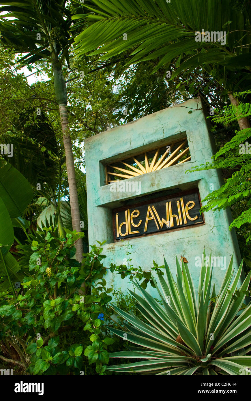 Idle Awhile resort sign, on Norman Manley Blvd in the Long Bay area of Negril, Westmoreland, Jamaica. Stock Photo