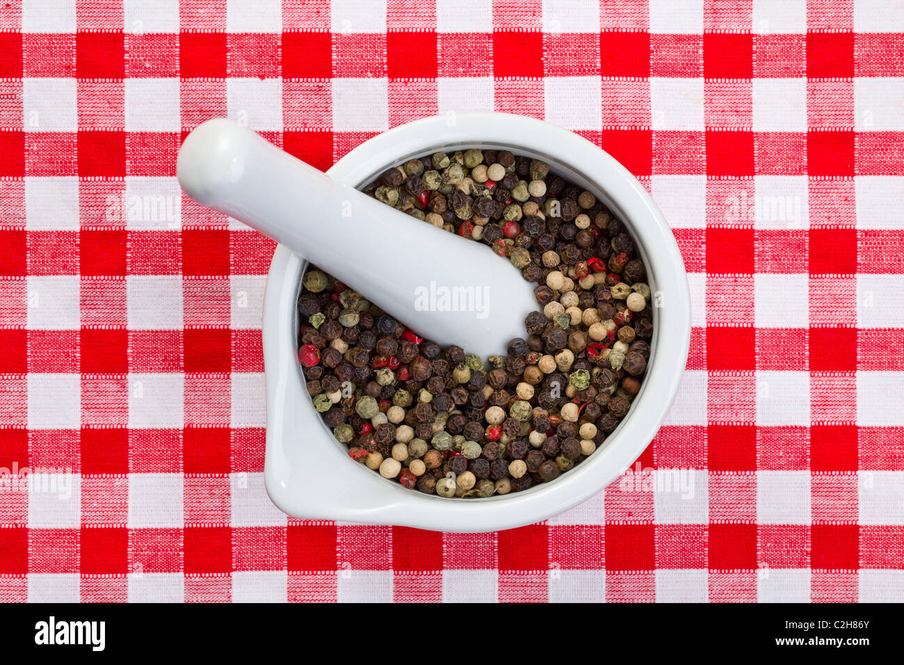 the pepper in ceramic mortar Stock Photo