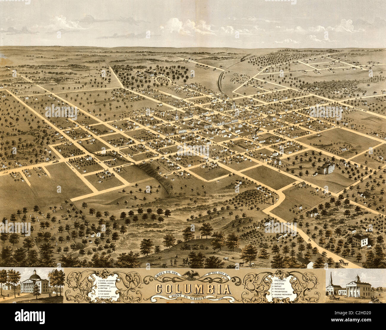 Bird's eye view of the city of Columbia, Boone Co., Missouri 1869 Stock ...