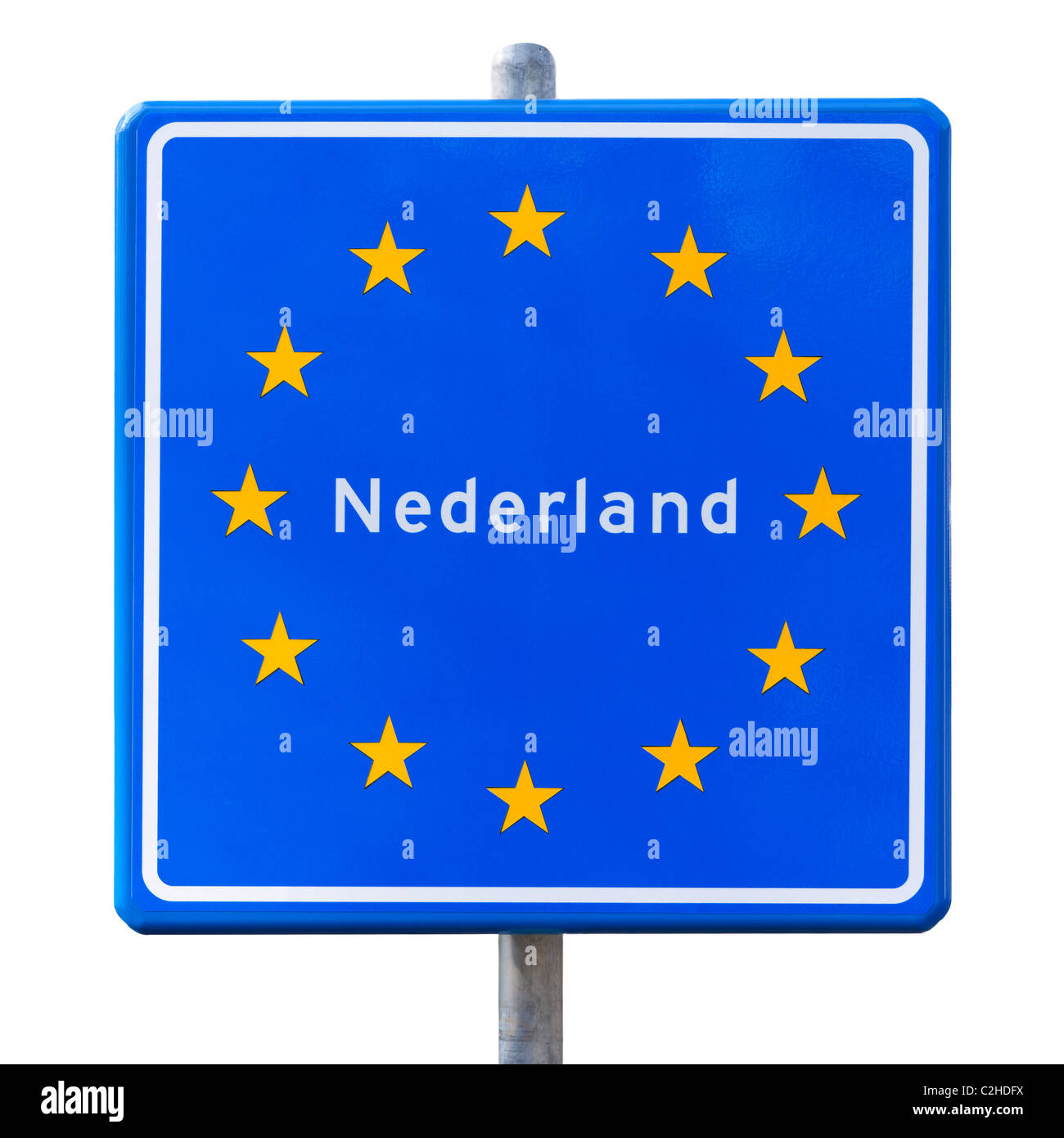 EU European Union border sign for the Netherlands, Holland. Dutch border road sign, roadsign cut out cutout. Nederland Europe. Stock Photo