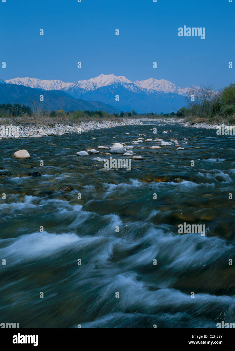 Takase River and Hida Mountains, Omachi, Nagano, Japan Stock Photo