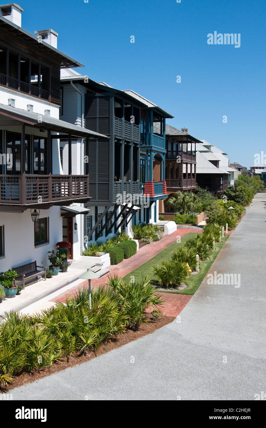 A row of houses on Rosemary Avenue in Rosemary Beach, Florida, USA. Stock Photo