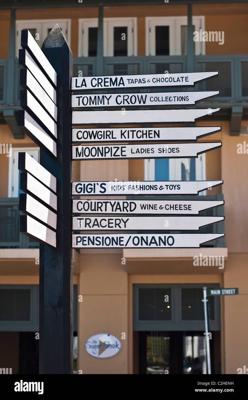Signs lead the way to the Shops of Rosemary in Rosemary Beach, Florida. Stock Photo