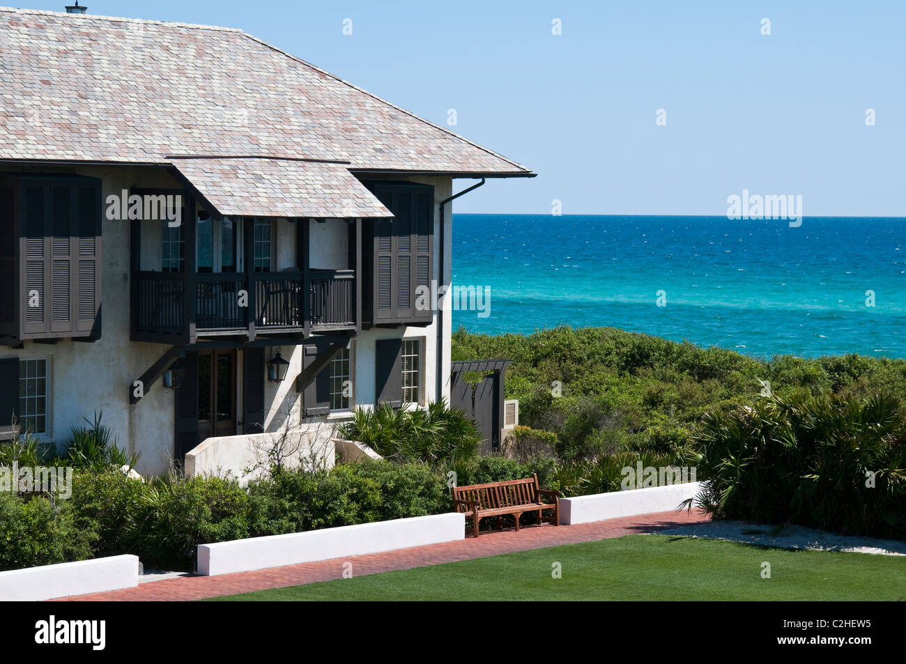 Front row views of the Gulf of Mexico are enjoyed from this home in Rosemary Beach, Florida. Stock Photo