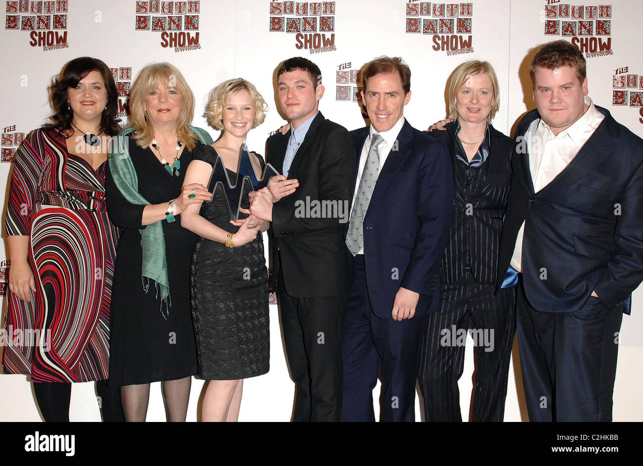 Ruth Jones, Alison Steadman, Joanna Page, Mathew Horne, Rob Brydon, and James Corden pose with the award for Comedy for Gavin & Stock Photo