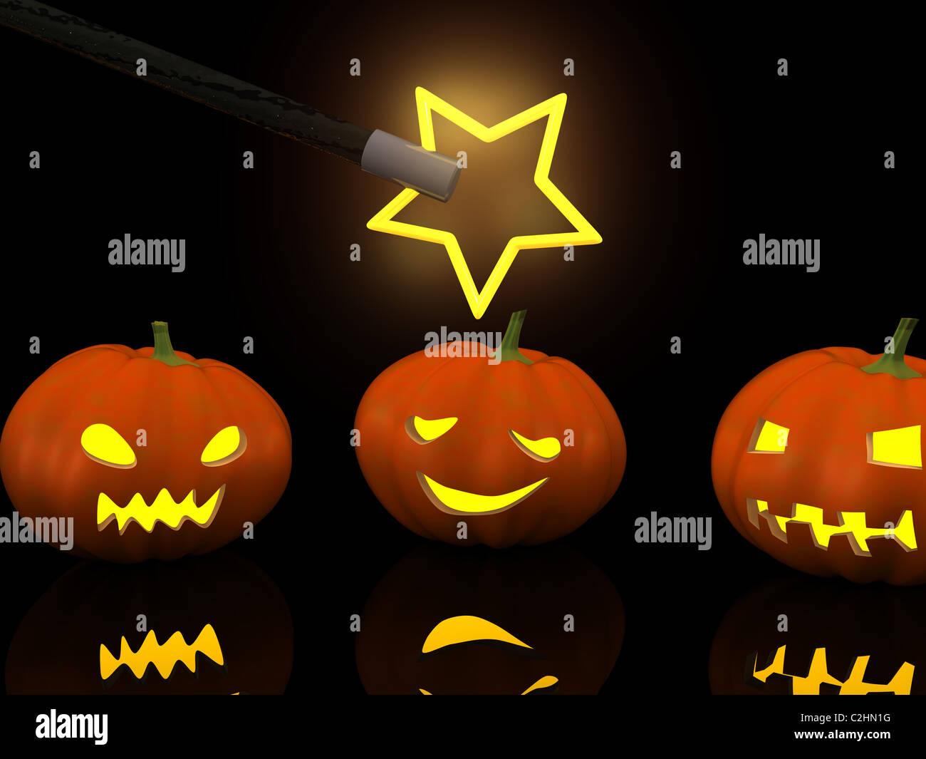 three halloween pumpkins with magic wand. 3d Stock Photo - Alamy