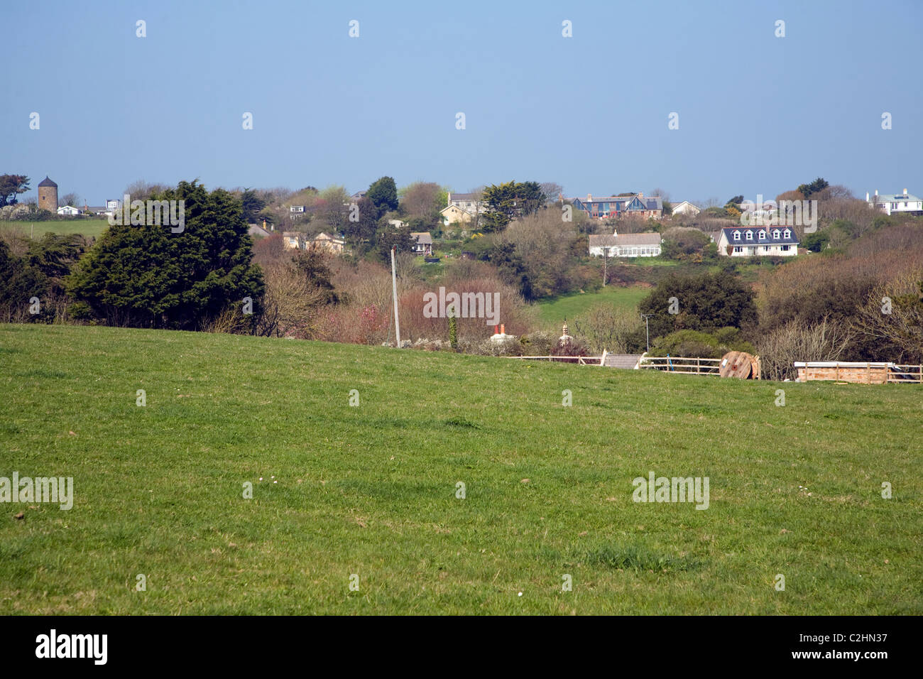 View of village and fields island Sark Channel Islands Stock Photo