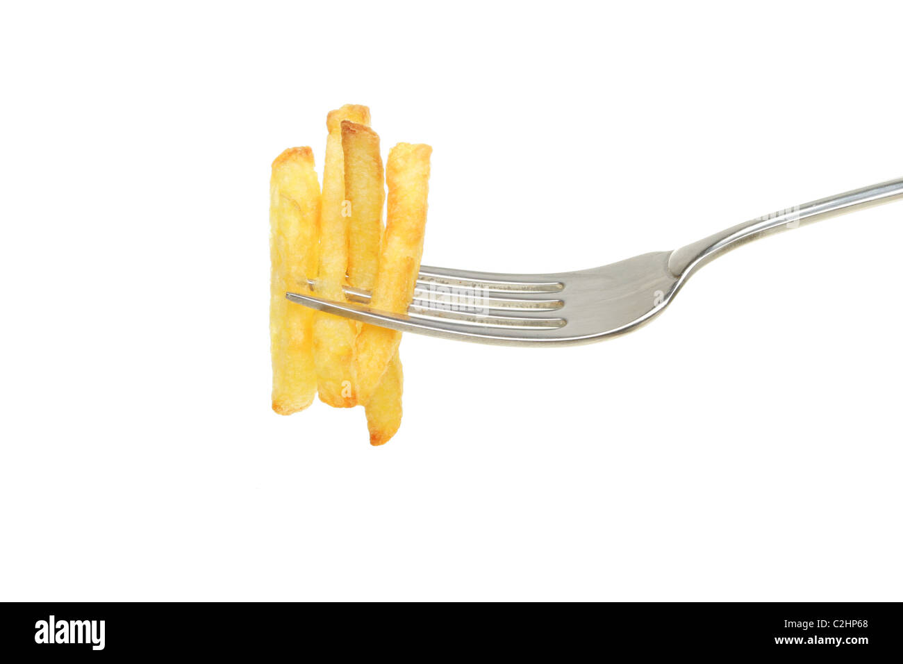 French fries on a fork isolated against a white background Stock Photo