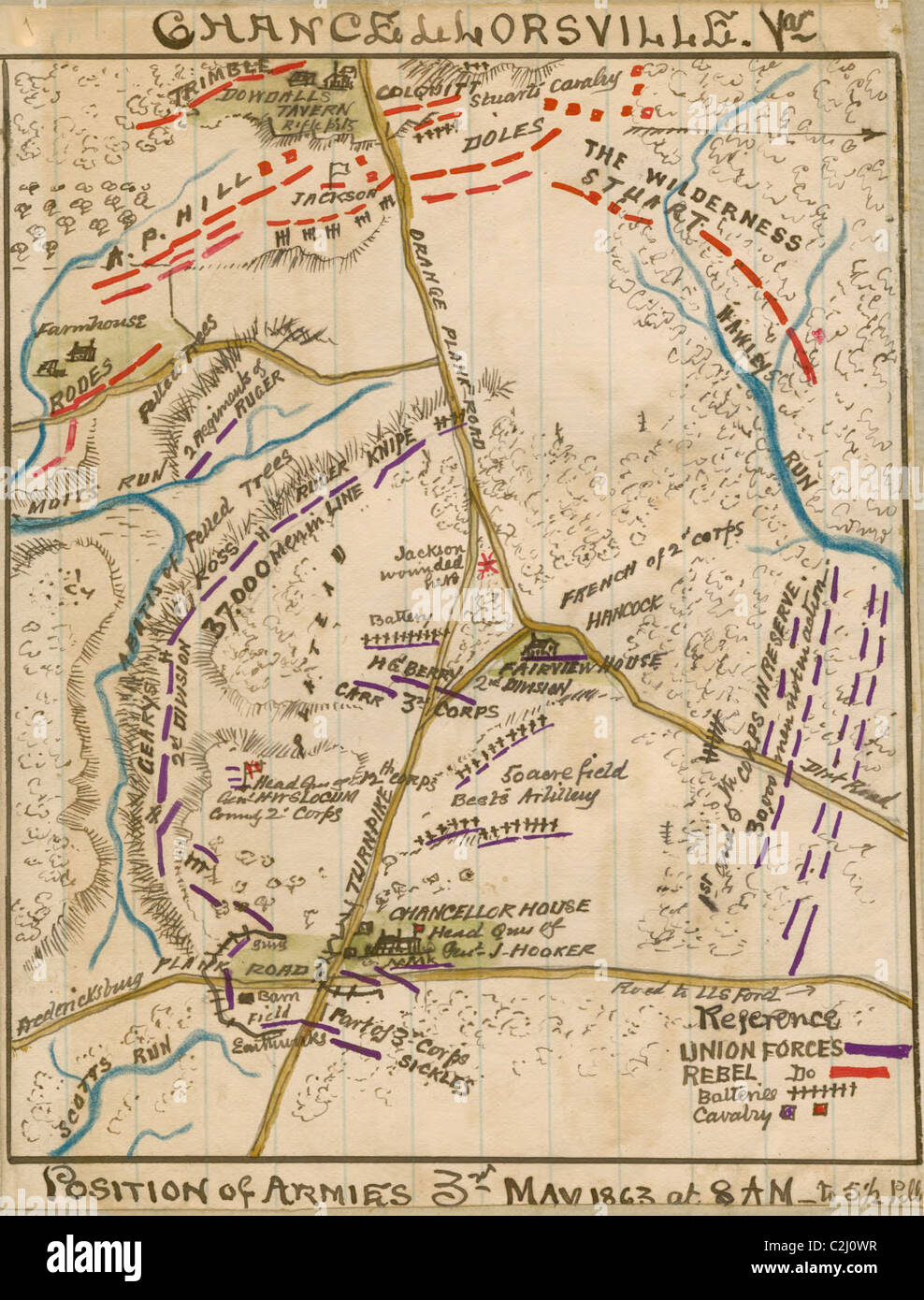 Chancellorsville, Va.. Position of armies 3rd May 1863 at 8 a.m. to 5 1/2 p.m. Stock Photo