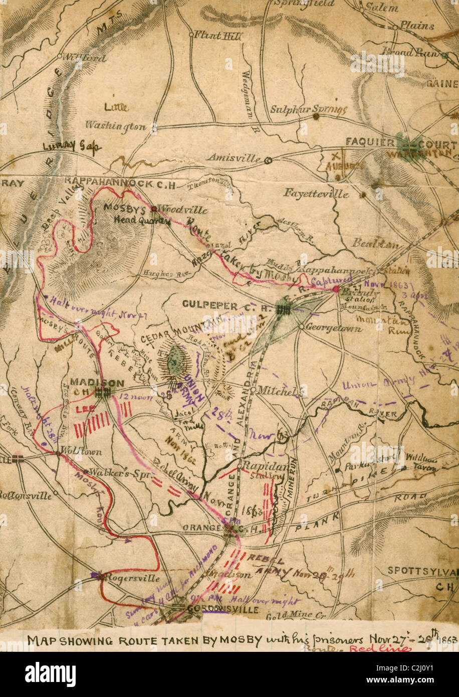 route taken by Mosby with his prisoners, Nov. 27th-29th, 1863. Stock Photo
