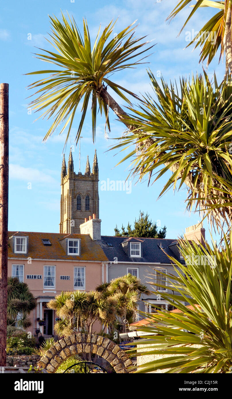 Palm trees and guest houses at Penzance in Cornwall, England, UK Stock Photo