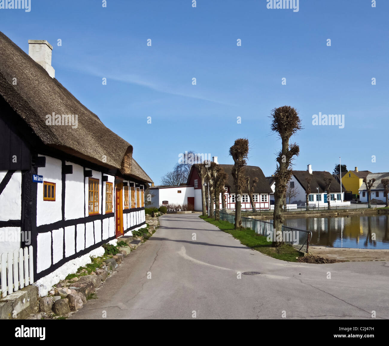 View of attractive thatched houses in Danish town Nordby on island
