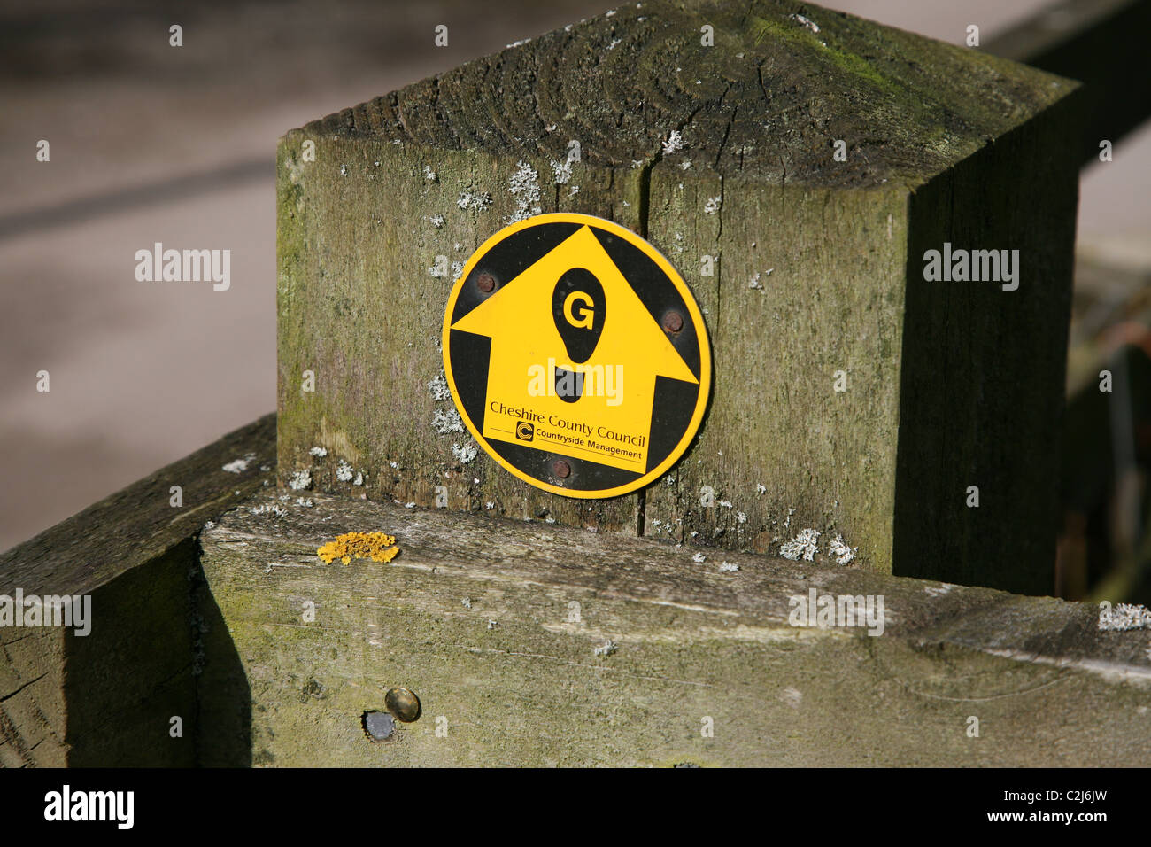 A footpathsign on a wooden post showing the way by an arrow for the Gritstone Way, Cheshire, England, UK Stock Photo