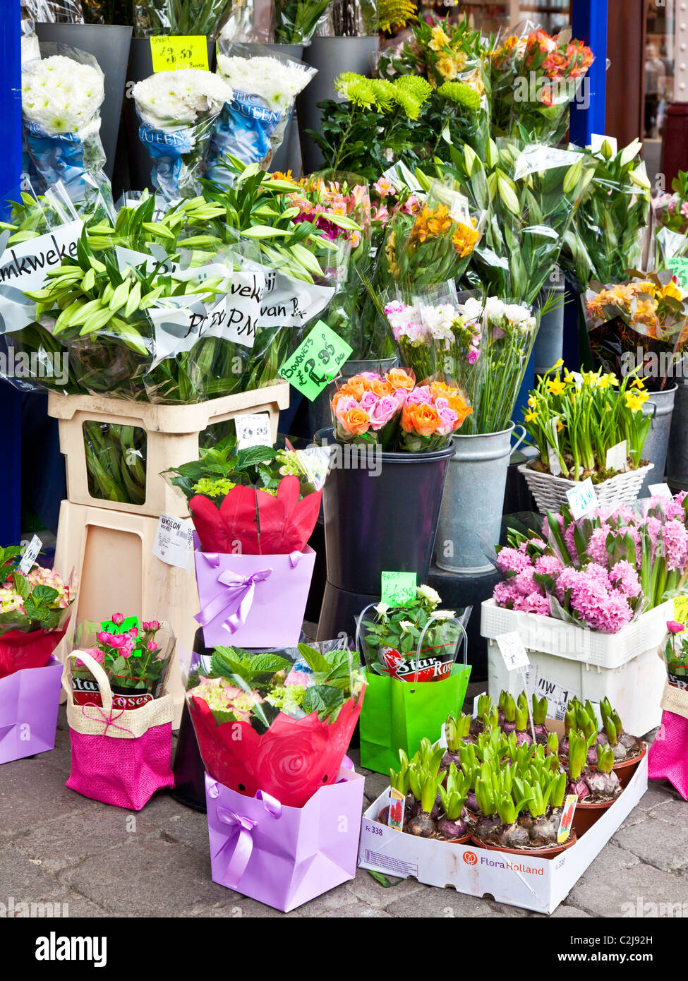 Floral display of cut bunches and bouquets of flowers and hyacinths