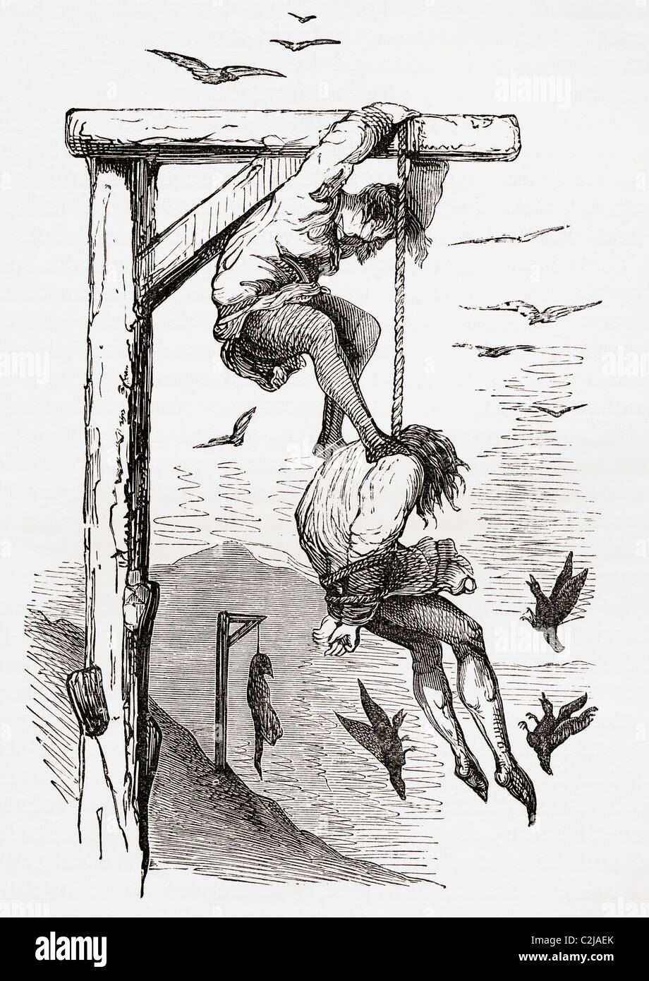 Helping the hanging man to die.  After a drawing by Gustave Dore for Gargantua and  Pantagruel Stock Photo