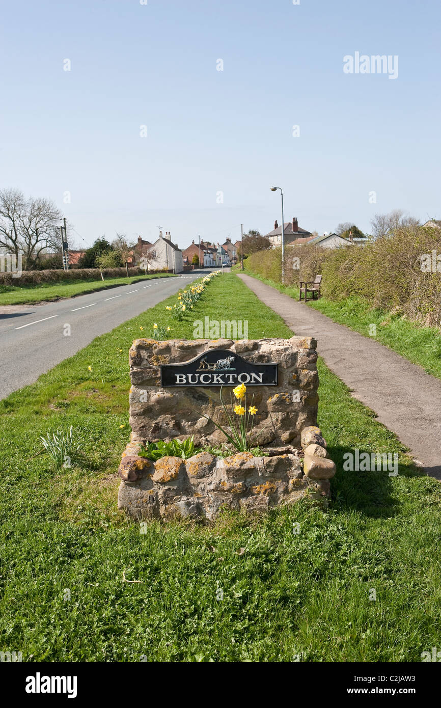 Buxton village sign East Yorks on approach from Bridlington Stock Photo ...