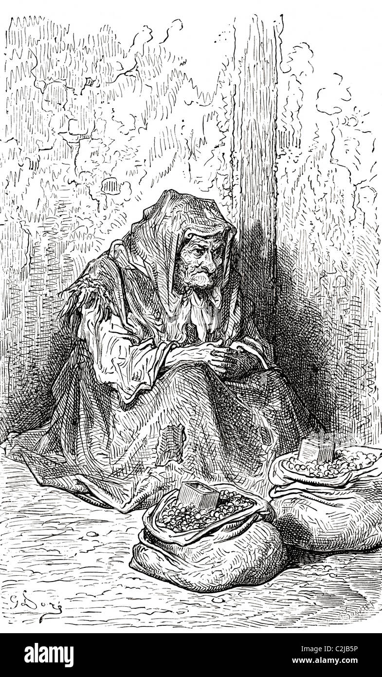 After a  sketch of an old Spanish woman by Gustave Dore. Stock Photo