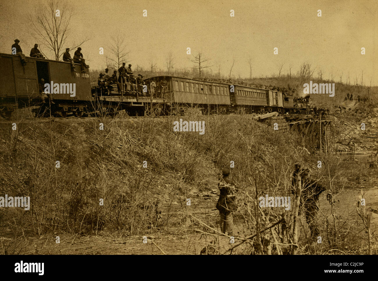 First train across Bull Run Bridge, spring of 1863 Stock Photo